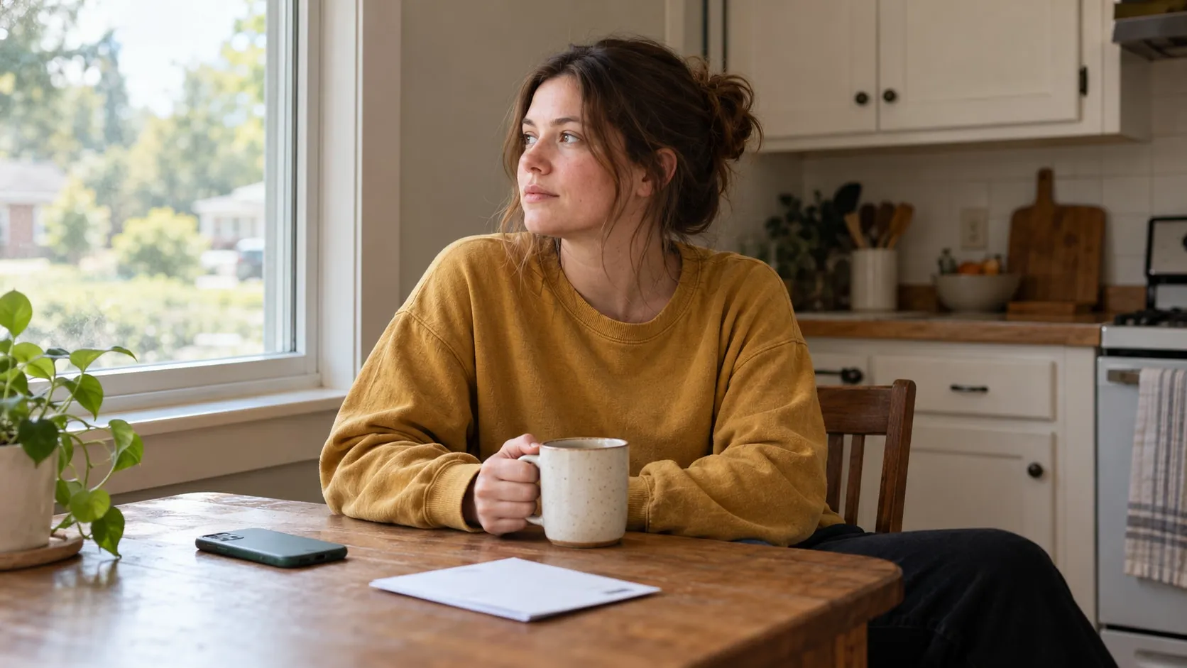 A woman pauses at her kitchen counter with a cup of tea.