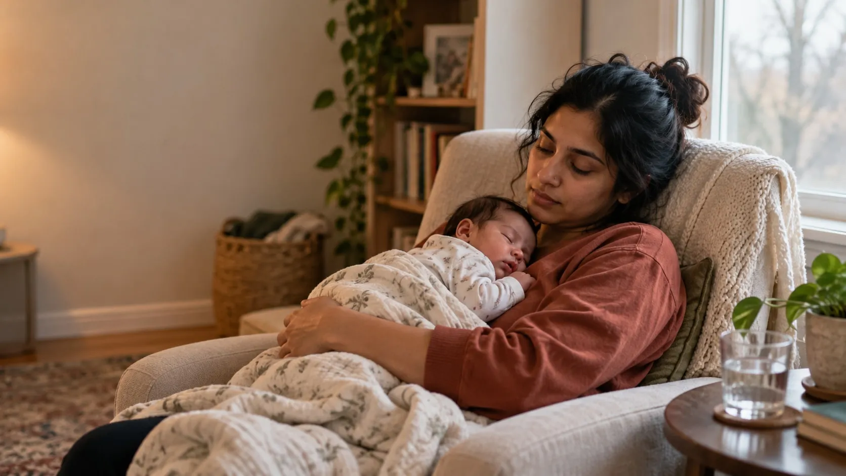 A mother rests in an armchair by a rainy window with her sleeping newborn on her chest.