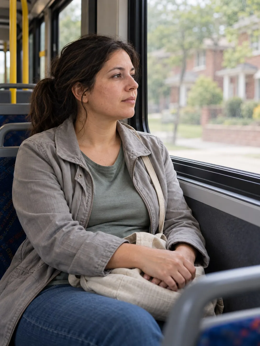 A woman sits by the window on a city bus, lost in thought as the street goes by.