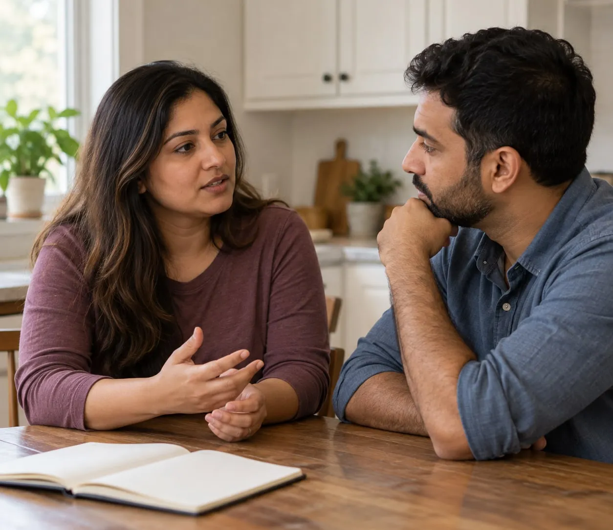 A couple talks things through at their kitchen table.