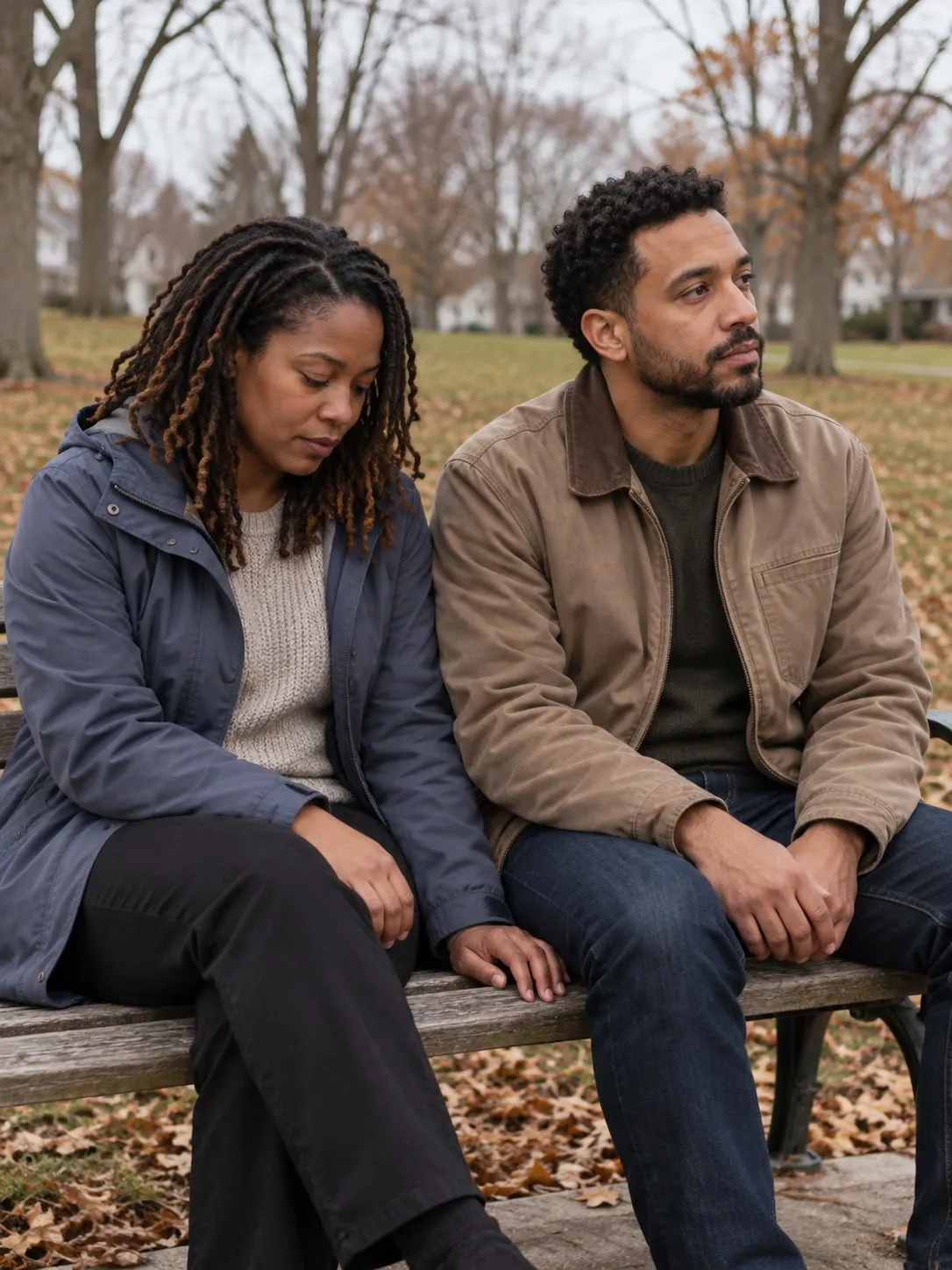 A couple sits close together on a park bench among autumn leaves, lost in thought.