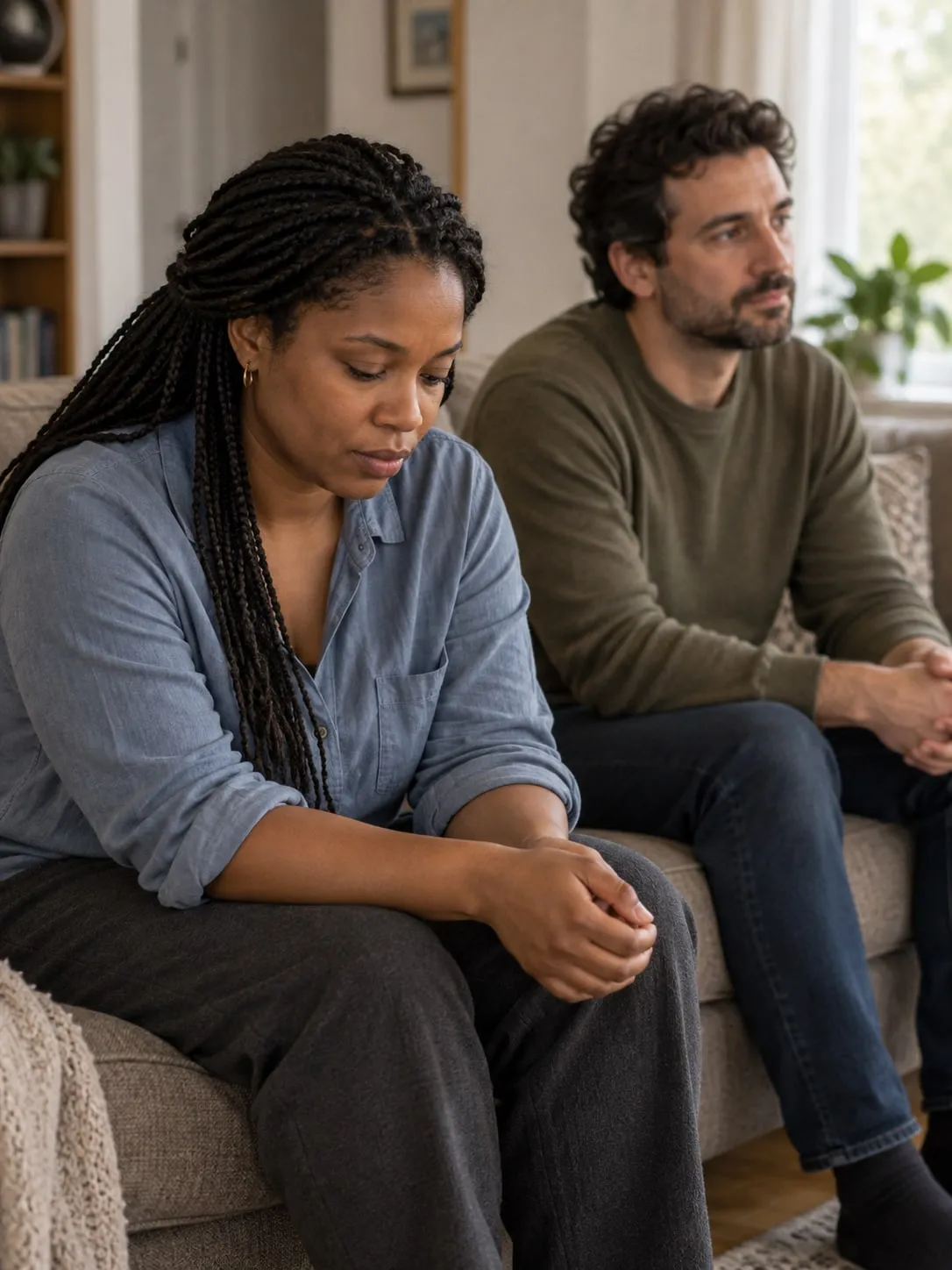 A woman sits on a sofa looking down at her clasped hands while her partner sits beside her, deep in thought.