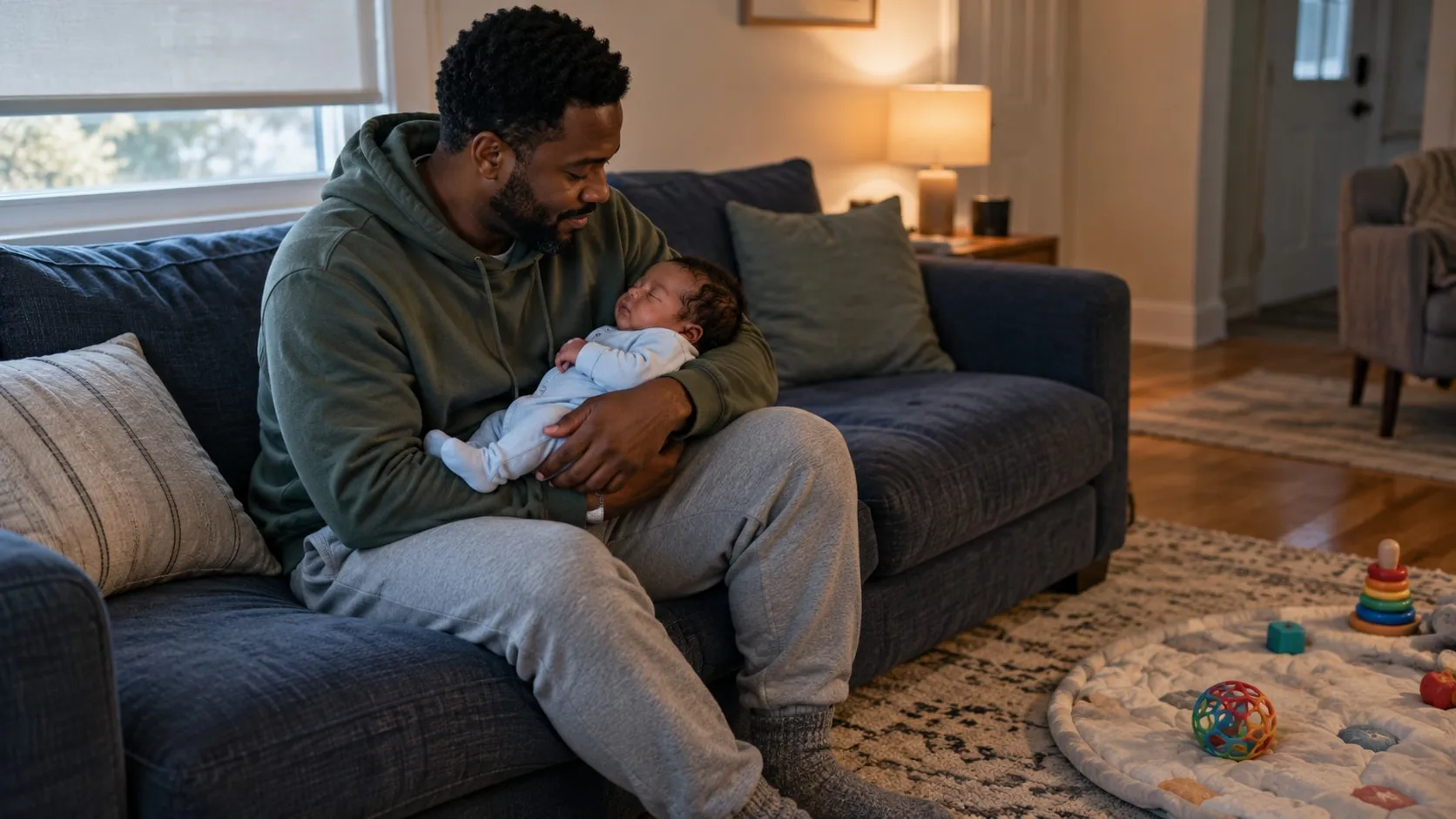 A tired father holds his sleeping baby on the couch at dawn.