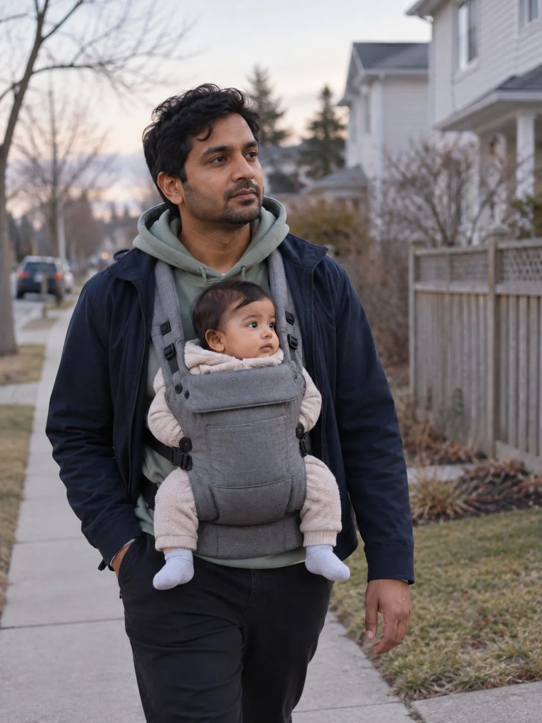 A father walks along a quiet street at dawn with his baby in a carrier.