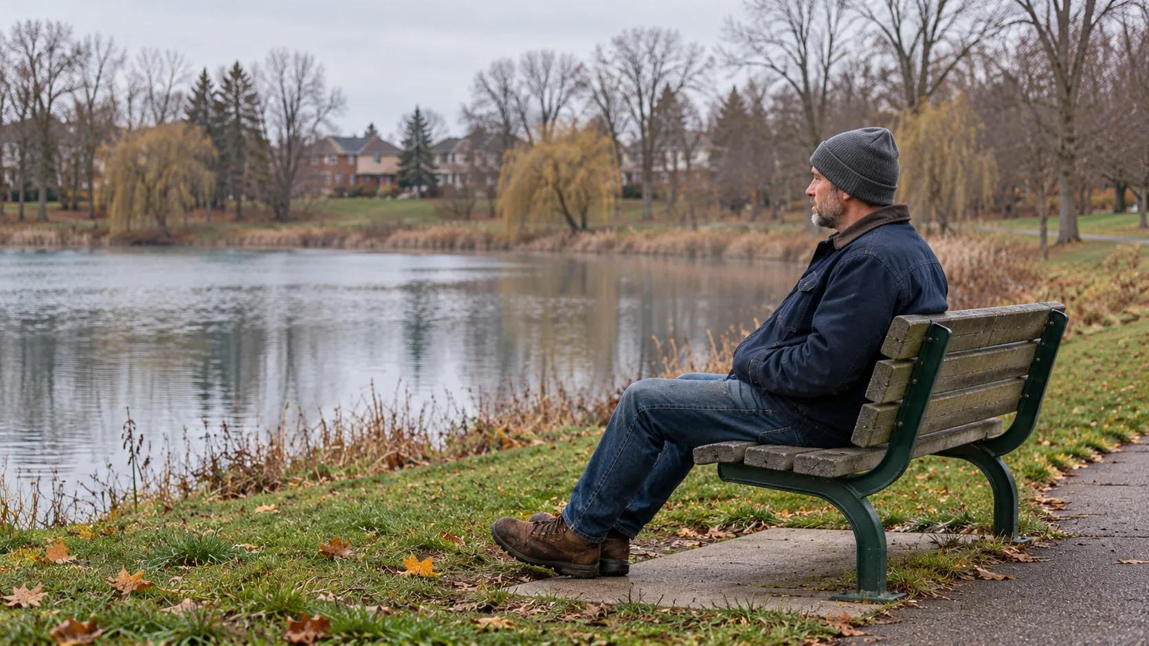 A man sits on a bench beside a lake in the early morning.