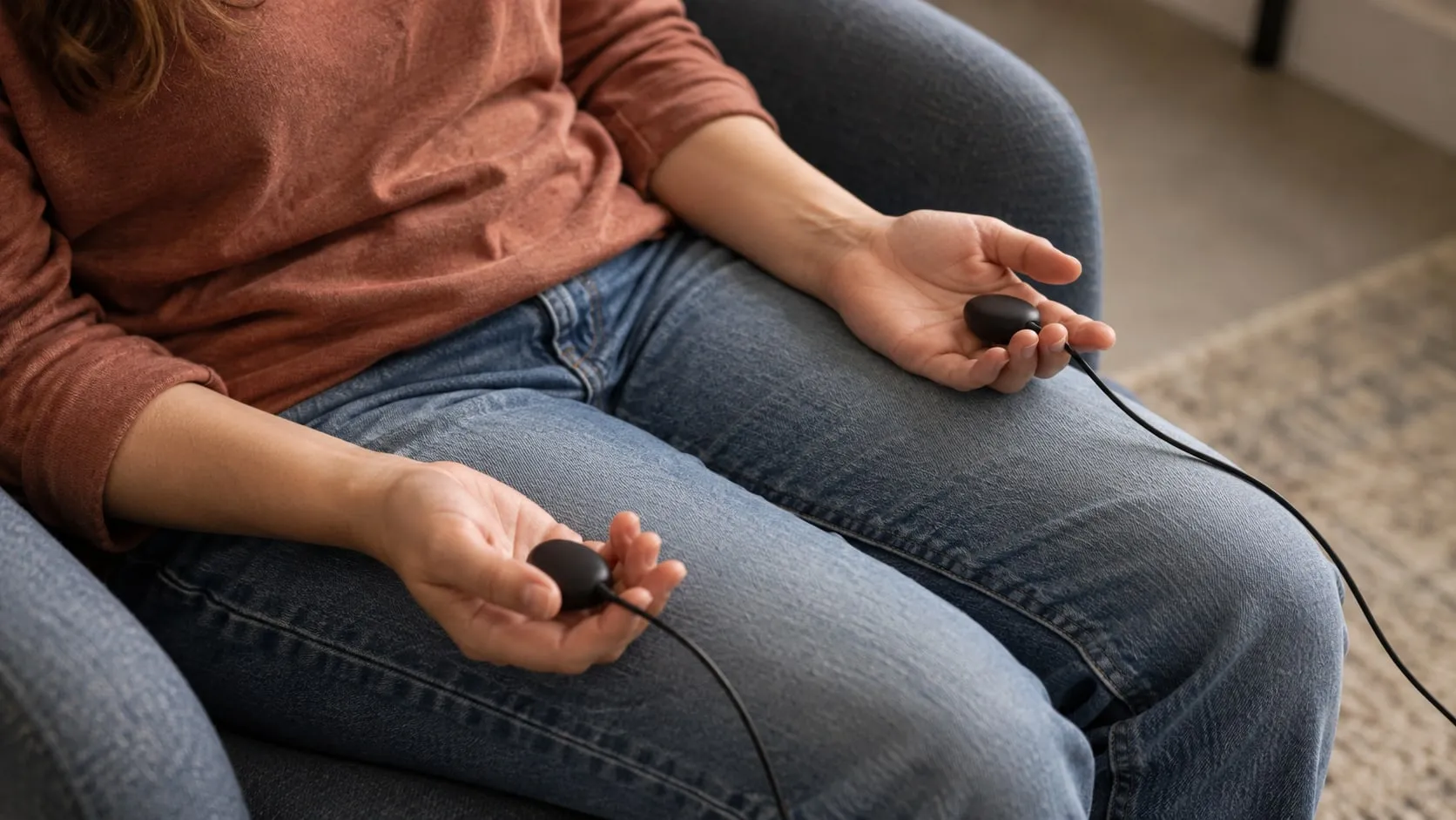 A person sits in an armchair holding a small EMDR tapper in each hand.
