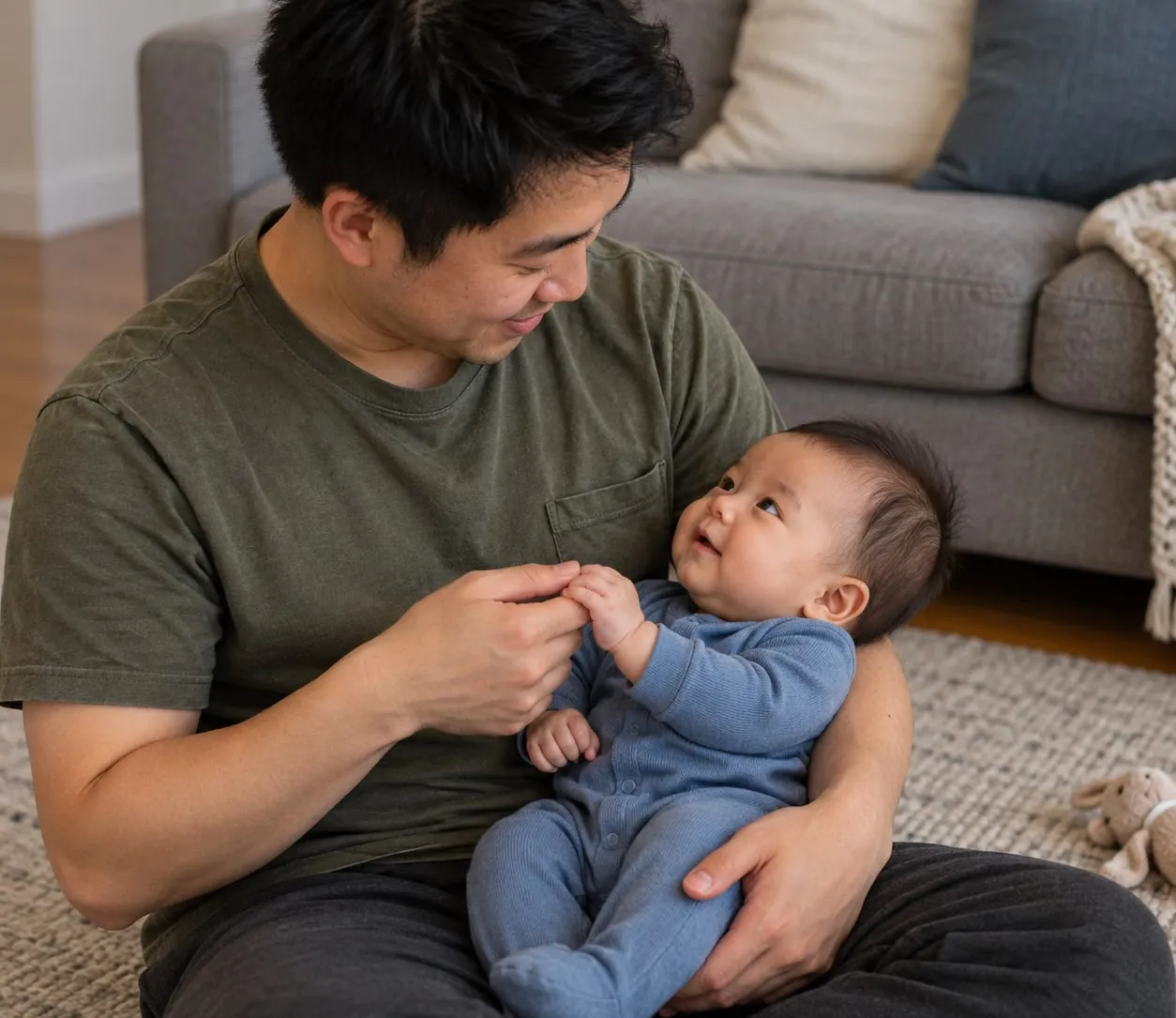 A father sits on the living room floor holding his smiling baby’s hand.