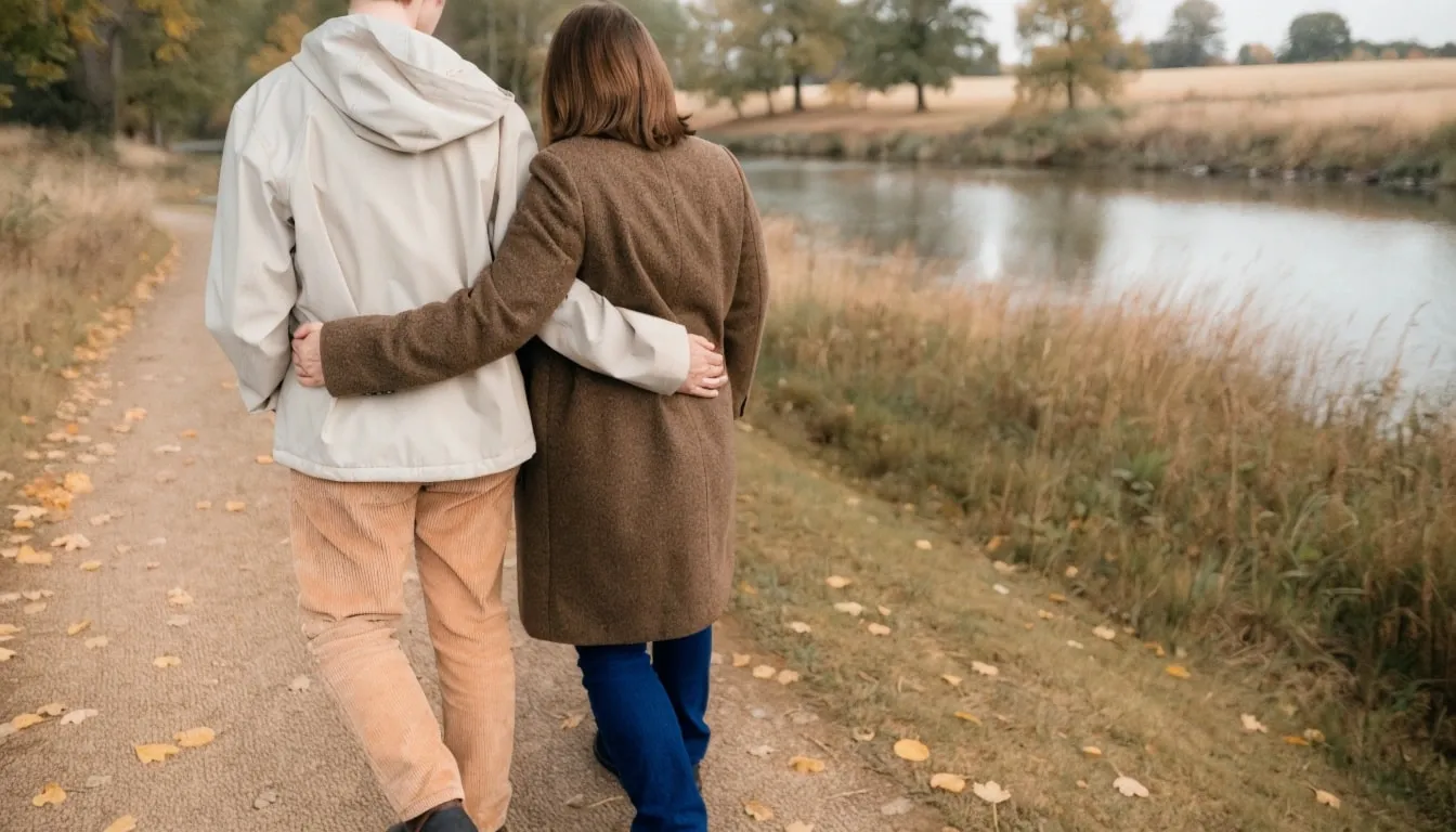 A couple walks arm in arm on a wooded trail by a river in autumn.