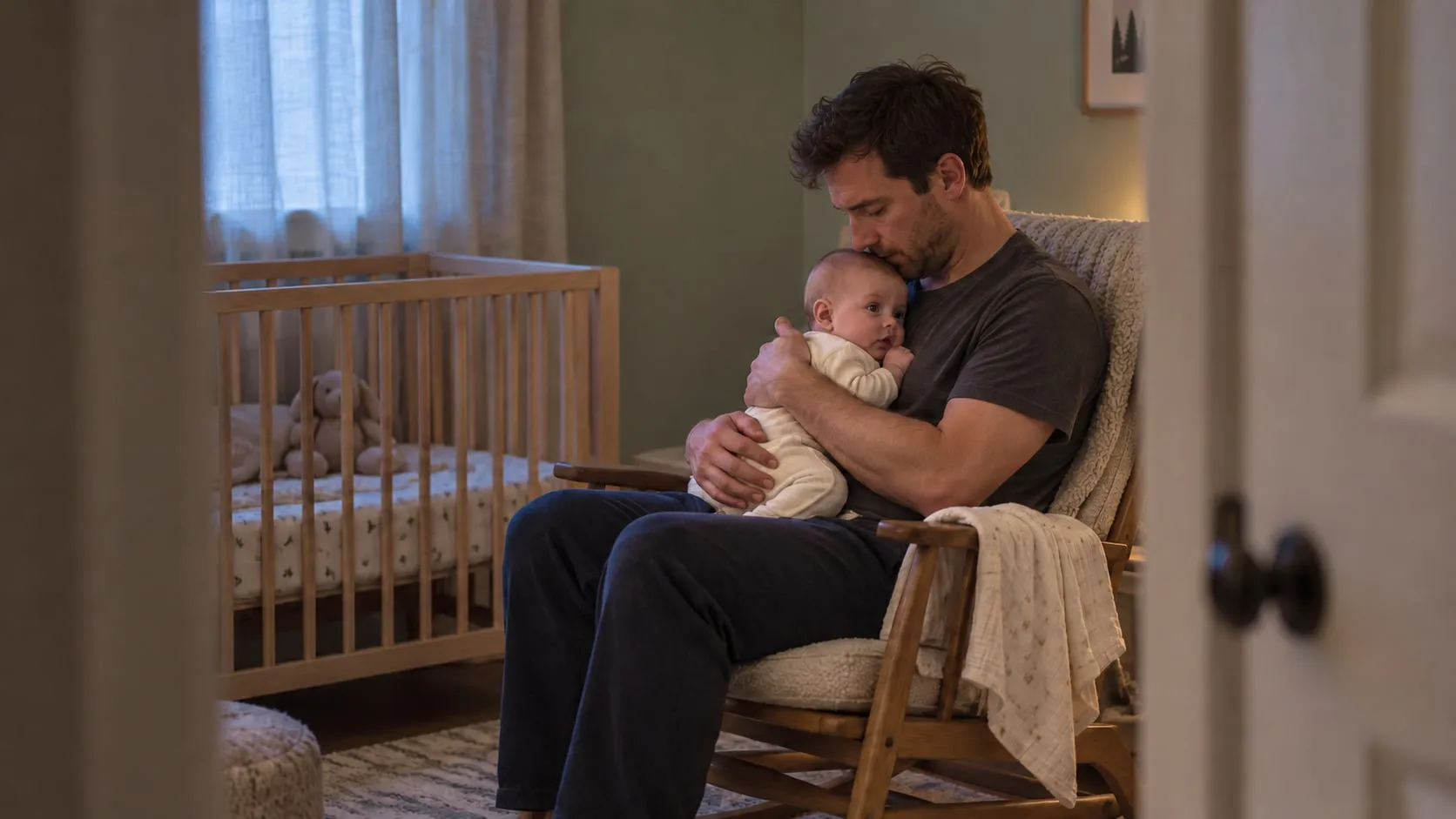 A father rocks his sleeping baby in a nursery chair before dawn.