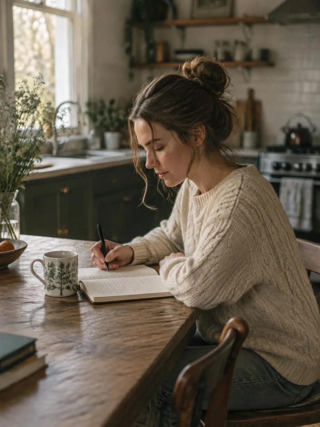 A woman in a cozy sweater writes in a journal at her kitchen table in morning light.
