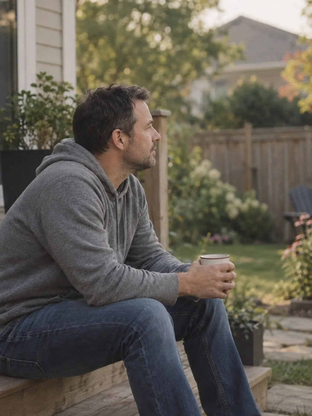 A man sits on his back steps in early morning light with a cup of coffee.