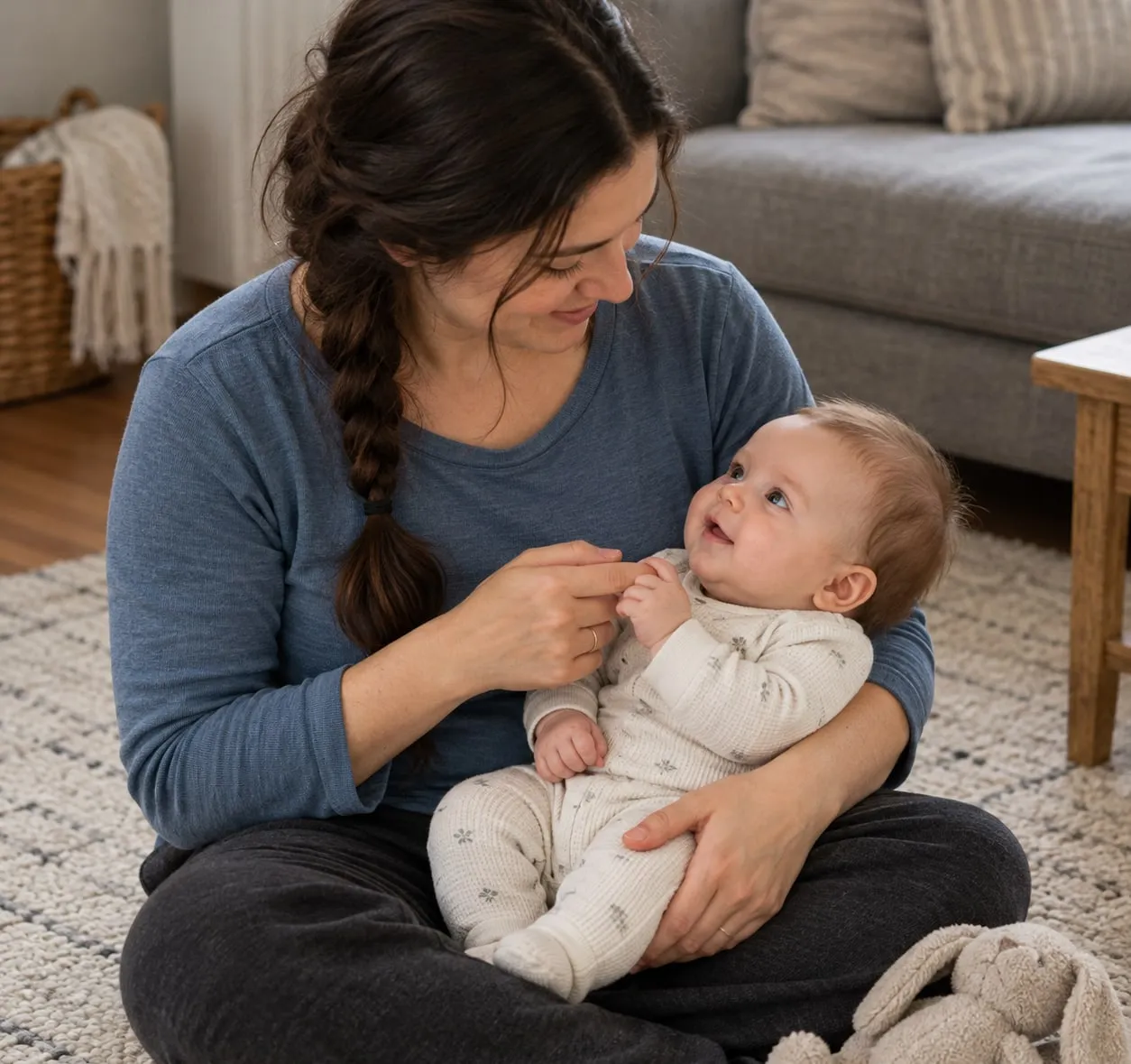 A mother sits on the living room floor with her smiling baby in her lap.