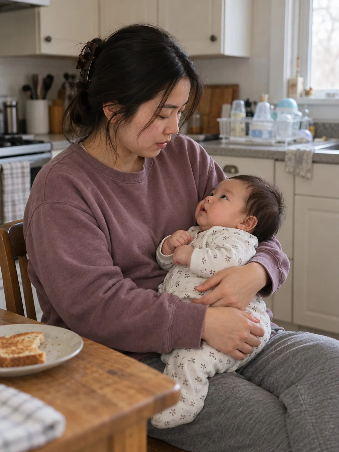 A tired mother sits at the kitchen table holding her baby, who gazes up at her.