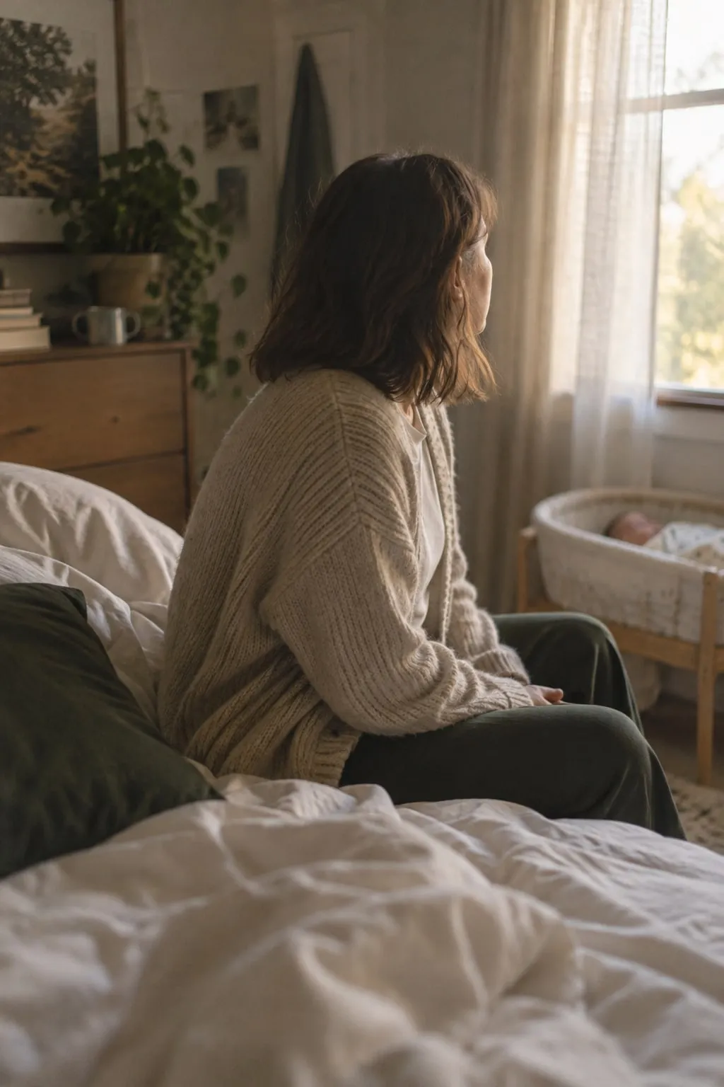 A mother sits on the edge of her bed in soft morning light, looking out the window while her baby sleeps in a bassinet.