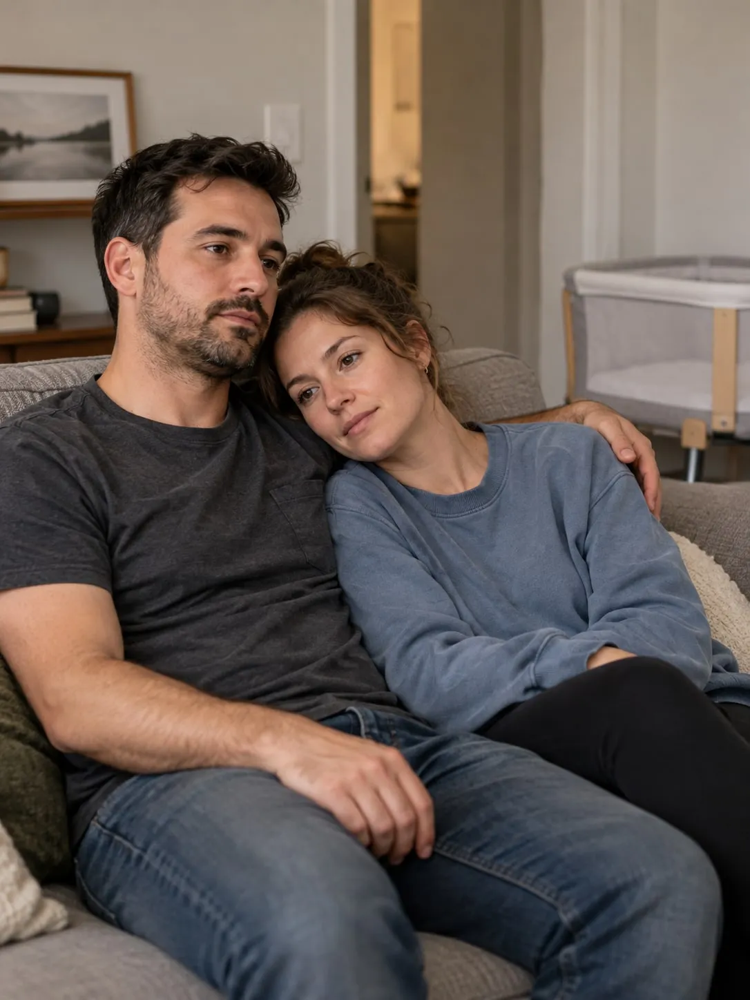 A mother rests her head on her partner’s shoulder as they sit close on the couch, a bassinet behind them.