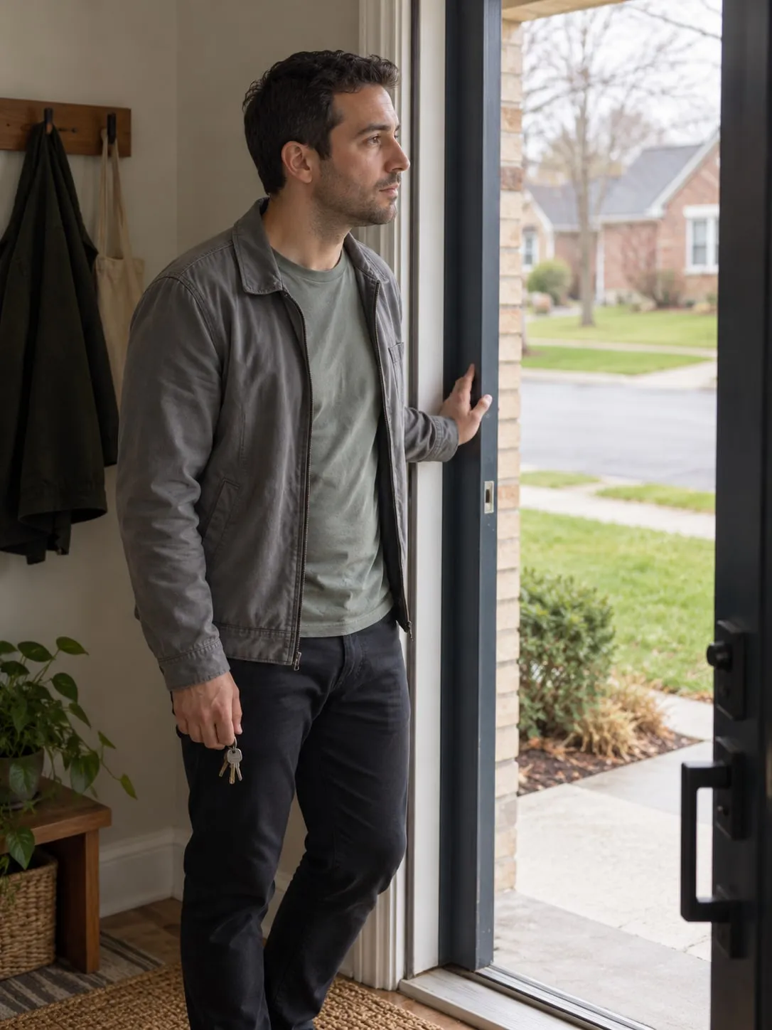 A man pauses at his open front door, looking out at the street.