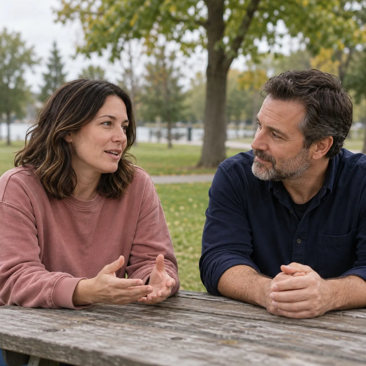 A woman and a man talk at a picnic table in a park in autumn.