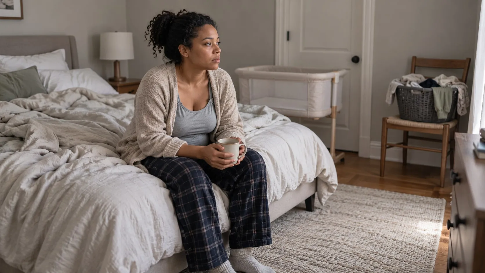 A new mother sits on the edge of her unmade bed holding a mug of tea, with an empty bassinet behind her.