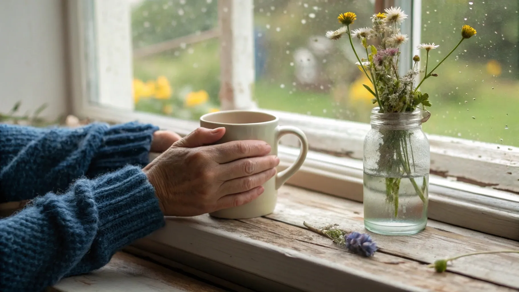 Hands holding a warm mug on a windowsill beside a small jar of wildflowers.