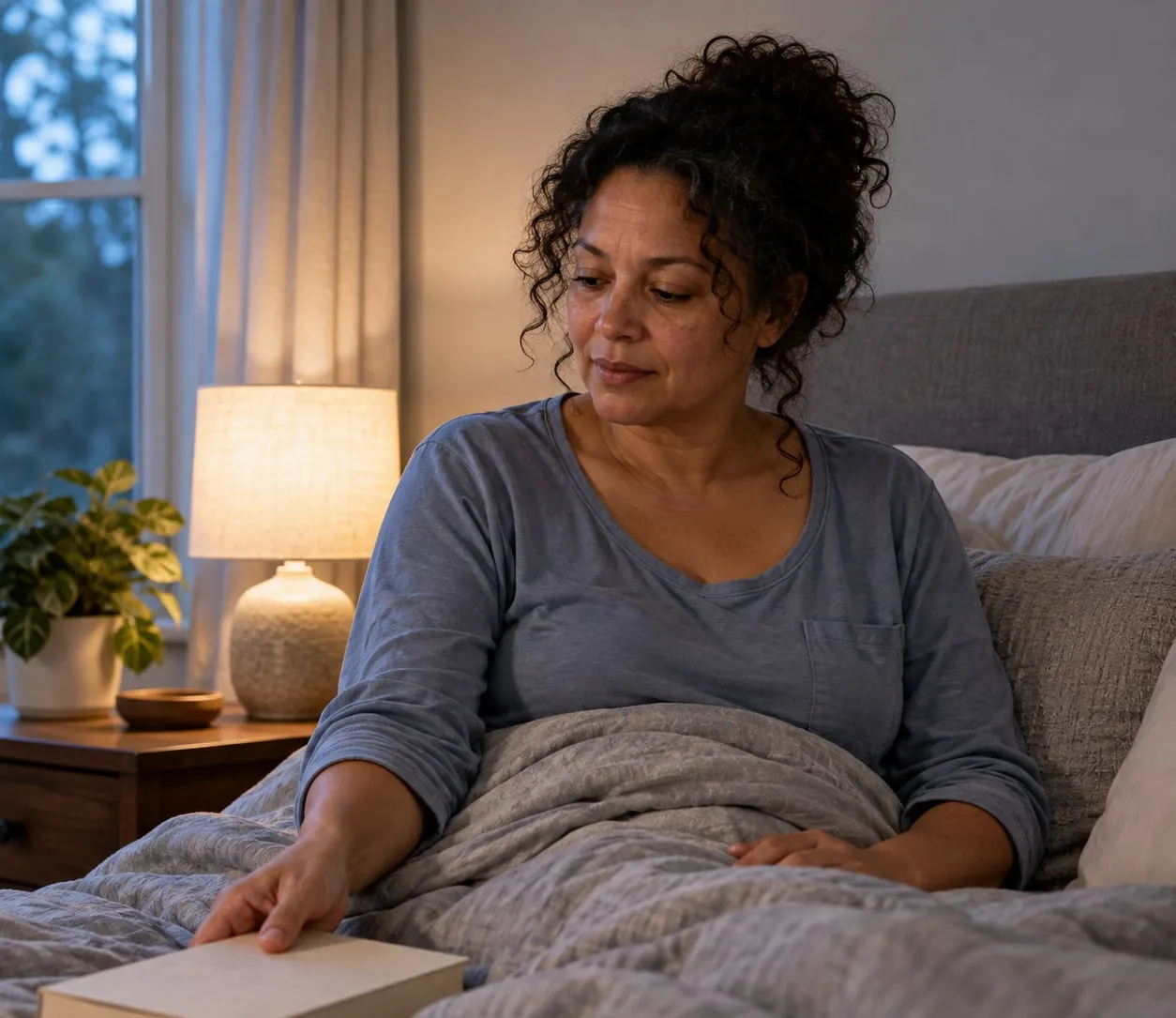 A woman sits up in bed in the evening with a book set aside, looking calm.