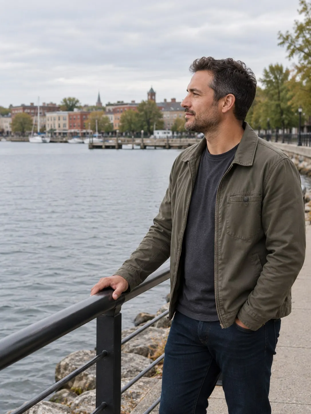A man leans on a railing by the lake, looking out over the water.