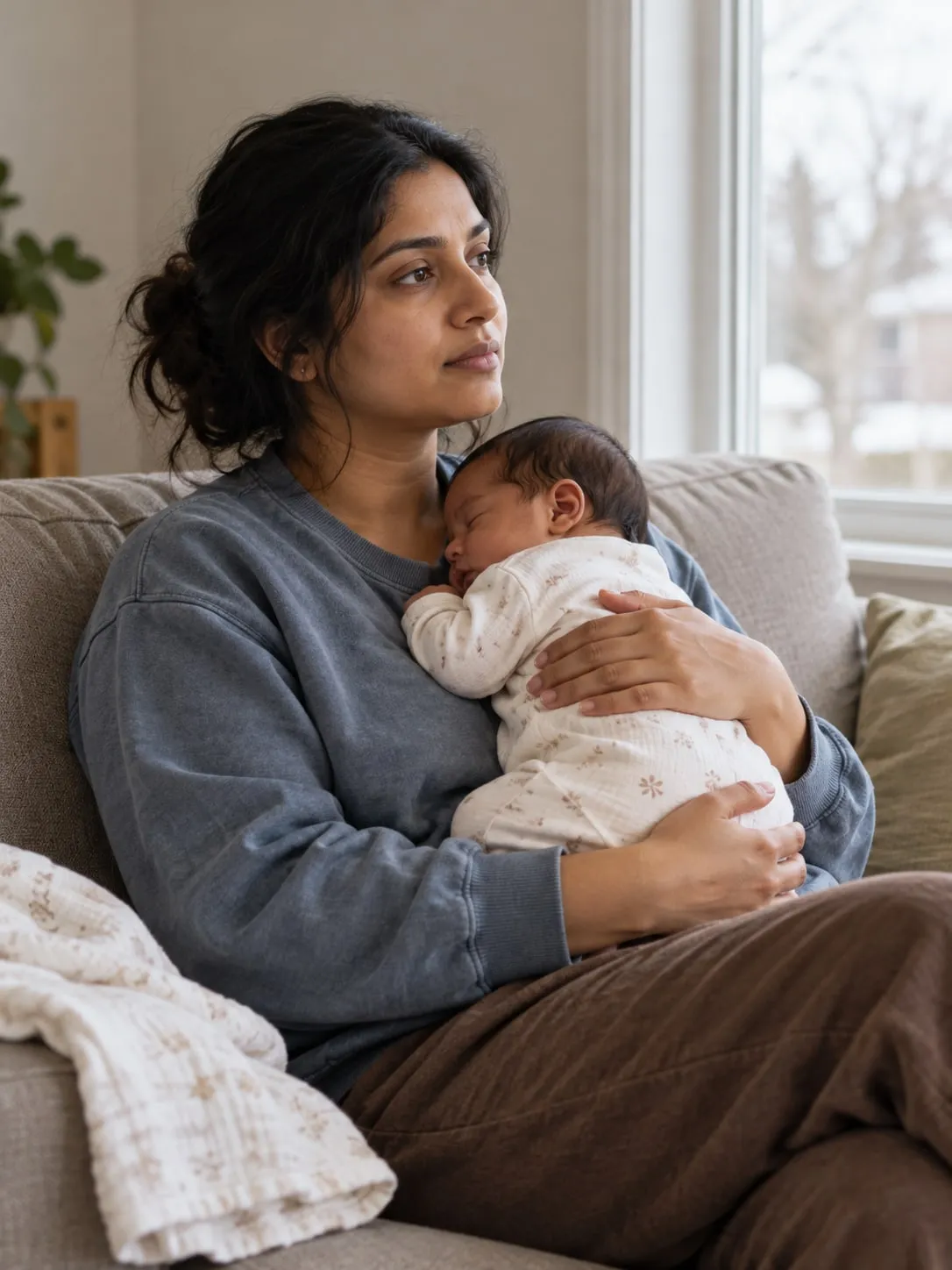 A mother sits on the sofa by the window, deep in thought, with her newborn asleep on her chest.