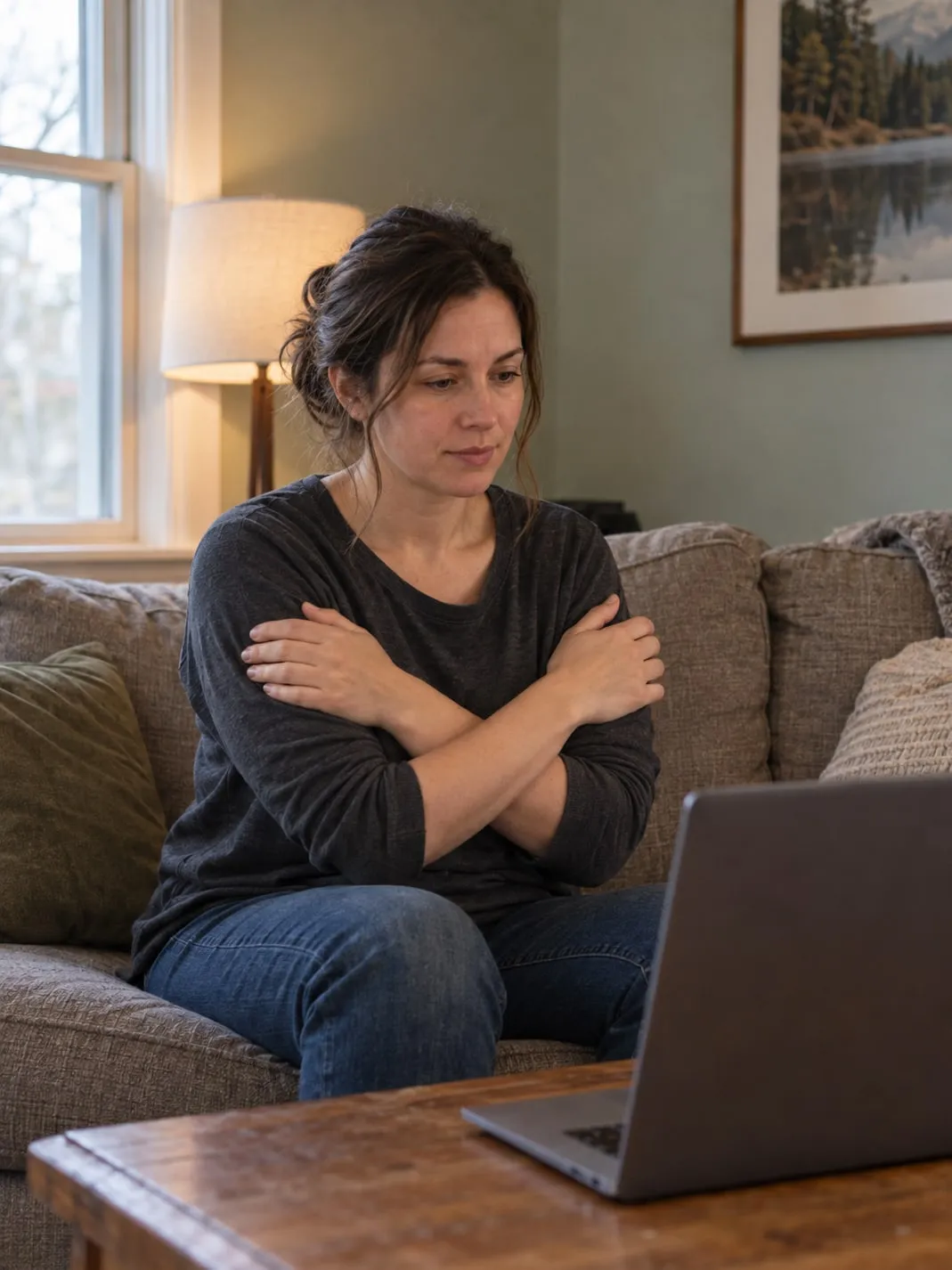 A woman on a video call at home crosses her arms and taps her shoulders, a self-tapping technique used in EMDR.