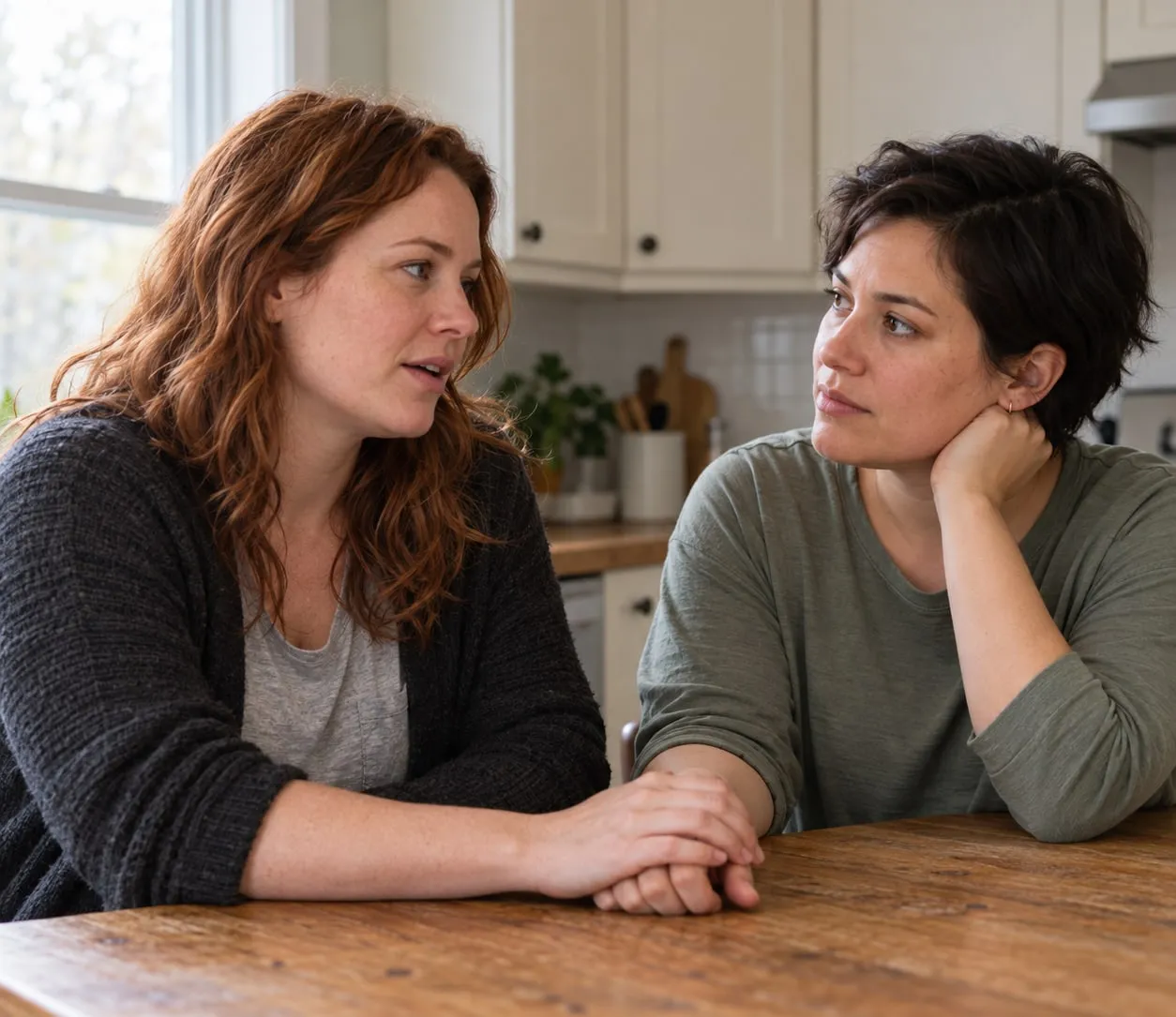 Two women sit at a kitchen table, one holding the other’s hand as they talk.