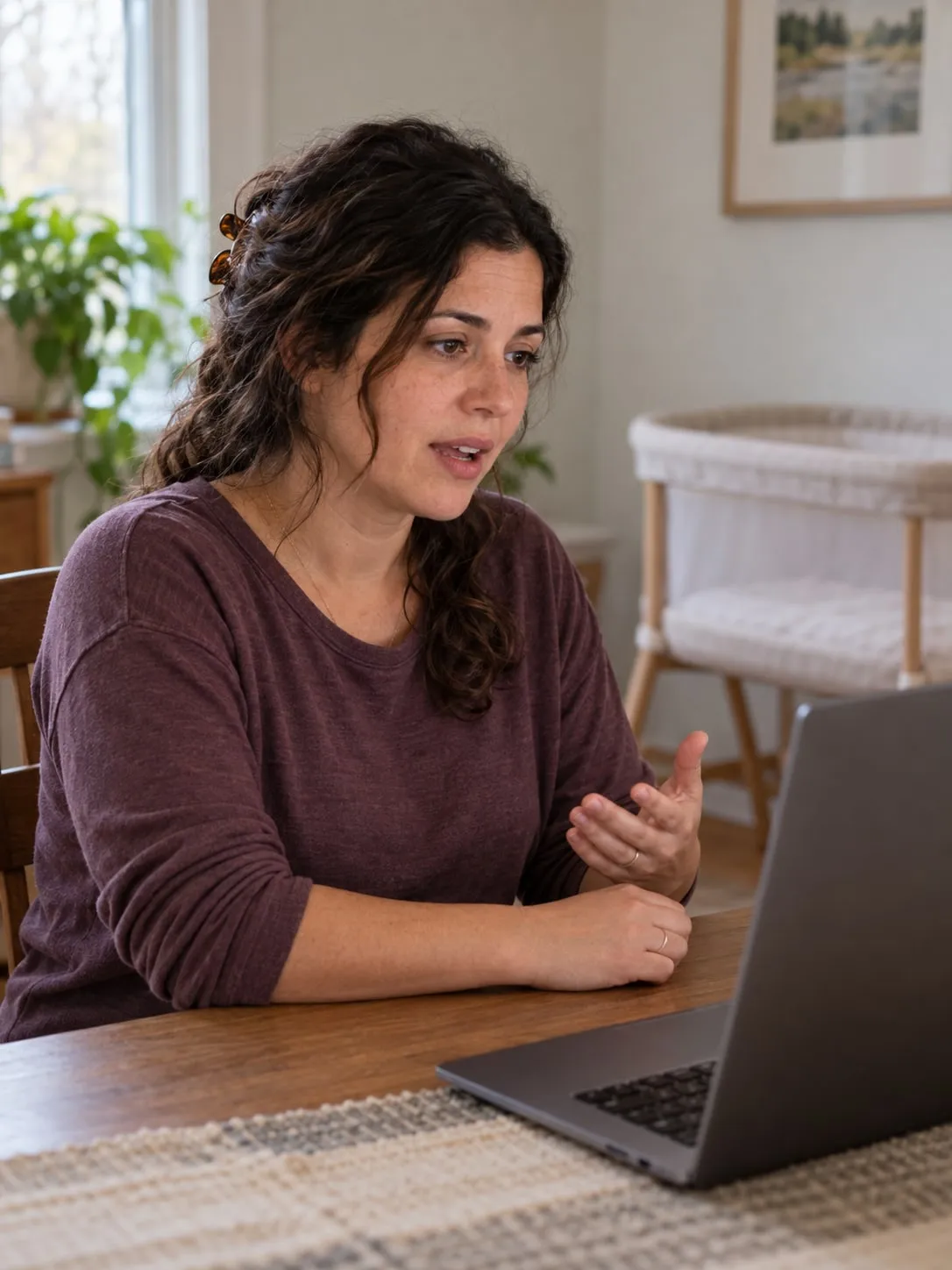 A mother talks with her therapist over a video call at the kitchen table, a bassinet behind her.