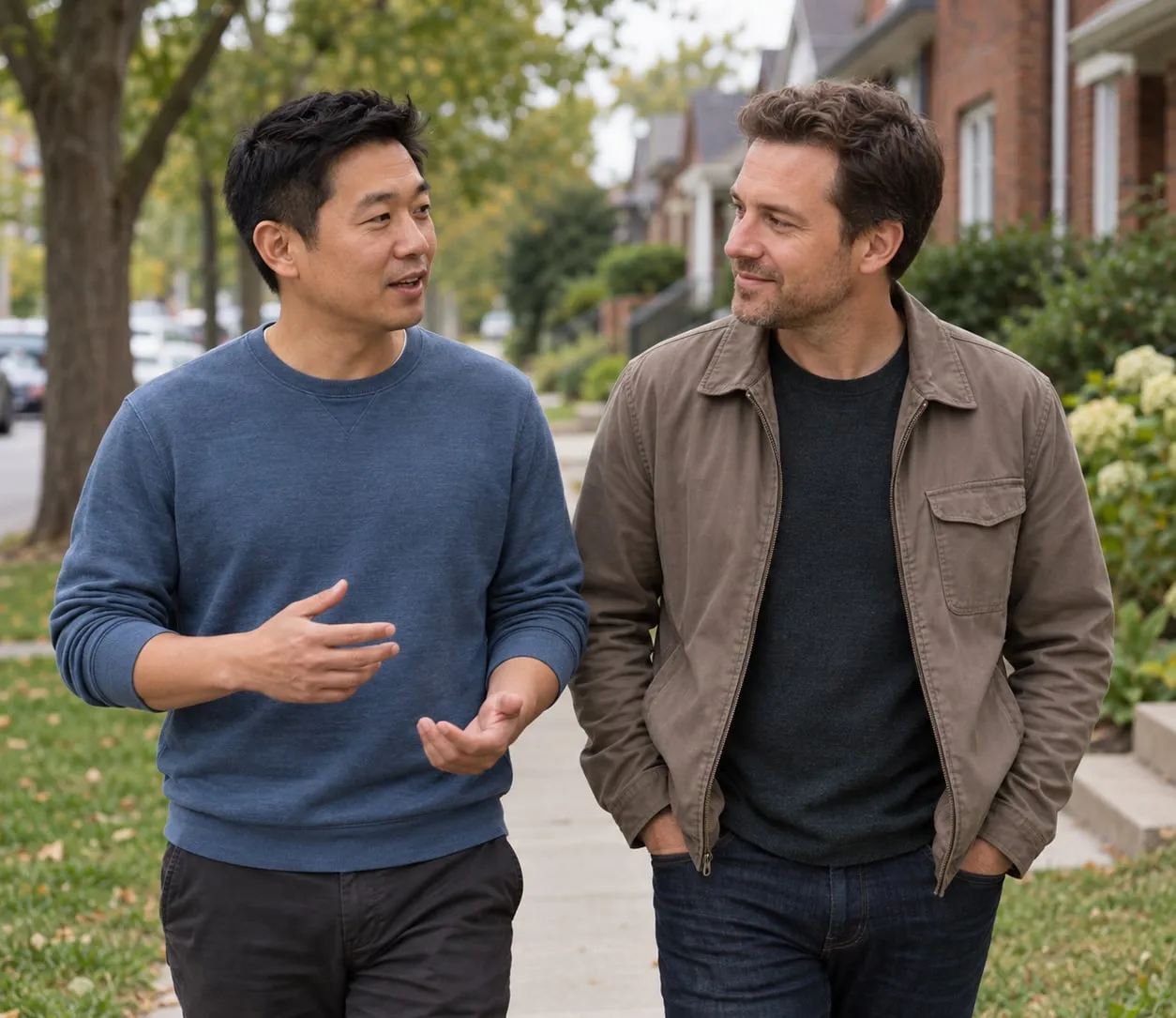 Two friends talk as they walk along a tree-lined street.