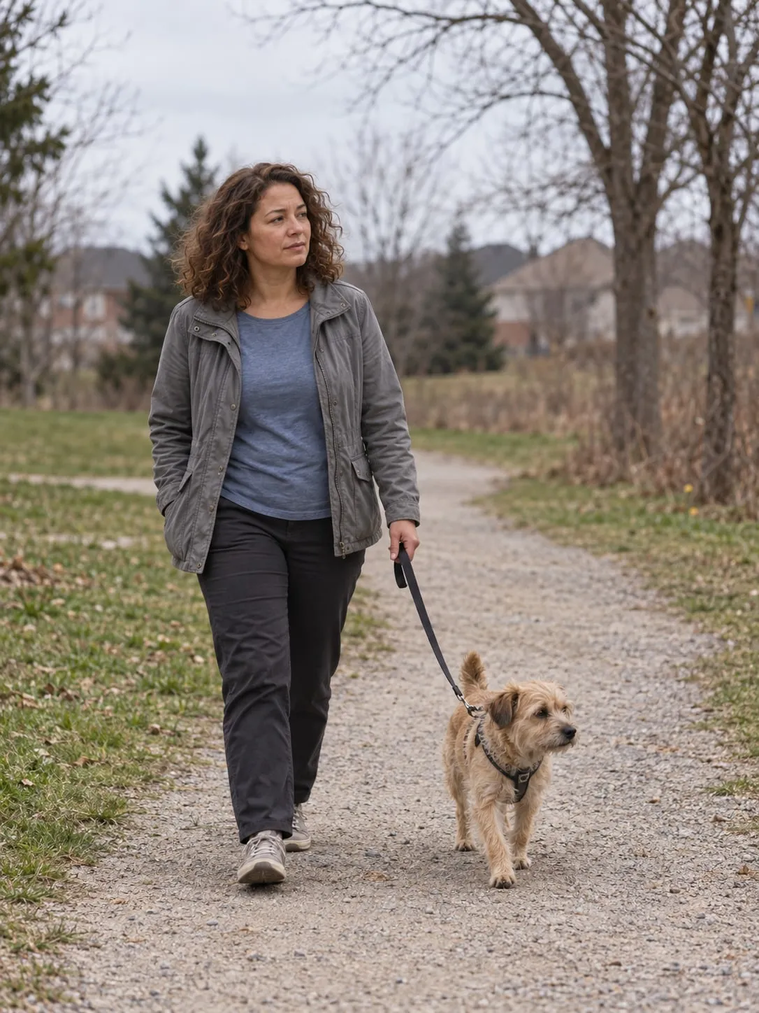 A woman walks her small dog along a gravel path on a grey morning.